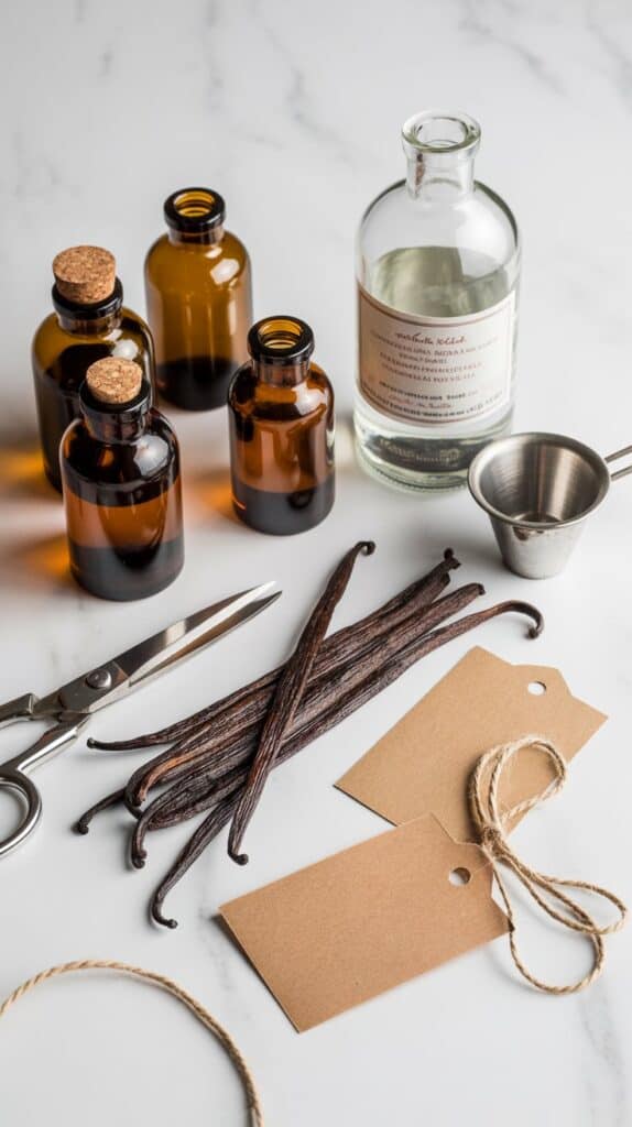 Amber bottles, vanilla beans, and glass jar for natural aromatherapy and essential oils.